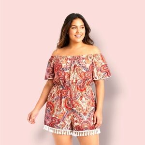 SHEIN Red Paisley Off-Shoulder Tassel Romper